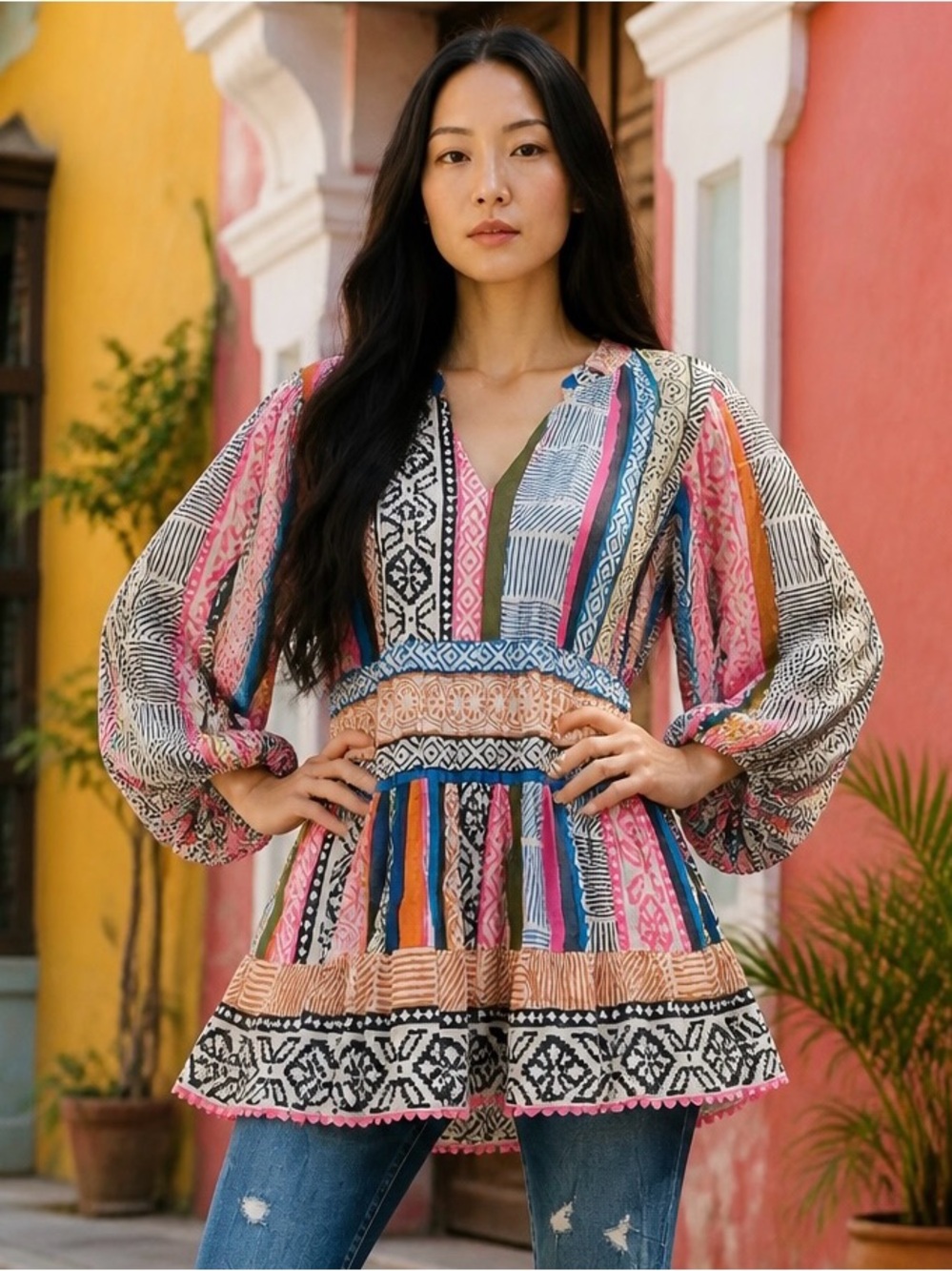 LULALIFE Women’s Ruffle Tunic Top Lightweight VNeck Sz.Sm Boho Hippie Festival